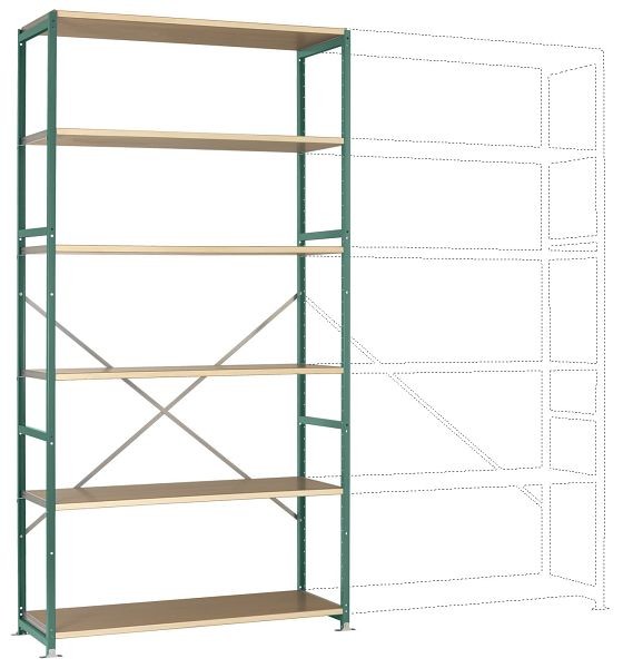 Manuflex Breitfach-Steckregal Grundregal mit 6 Holzverbundböden, HxBxT = 2500 x 1280 x 1000 mm, graugrün, RP1333.0001