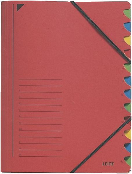 LEITZ 3912 Ordnungsmappe, 12 Fächer, A4, Pendarec-Karton (RC), 430 g/qm, rot, 3912-00-25