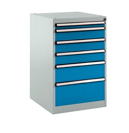 Manuflex Schubfachschrank BASETEC Stationär, Nutzhöhe 700 mm mit 6 Schubfächern, in brillantblau RAL 5007, SP1107.5007