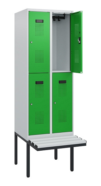 C+P Doppelstock-Spind Evolo PLUS, Bank, 4 Fächer, 1950x600x815mm, 7035/6037, Zylinderschloss, Sitzfläche Kunststoff, 0493405-20 S10146