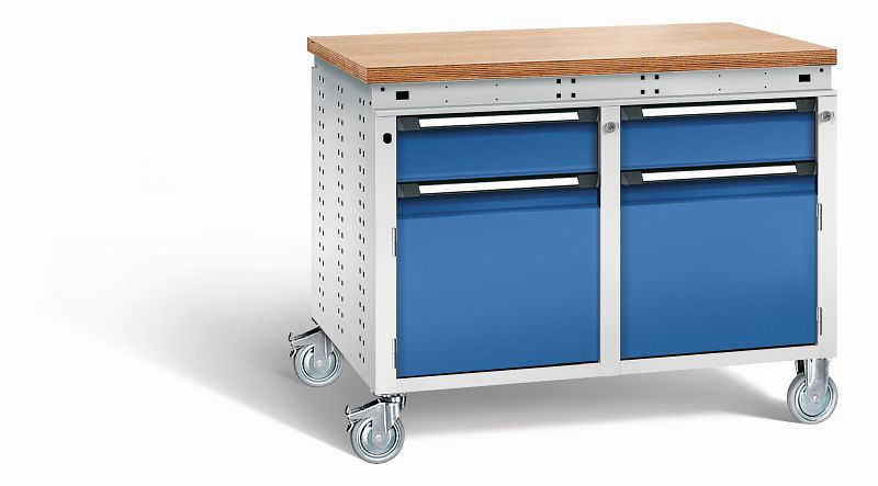 Otto Kind Werkbank Serie function Typ 251 fahrbar, Multiplexplatte 40 mm, bündig, 2x Unterbau, Gehäuse RAL 7035, Front RAL 5010, 072382186
