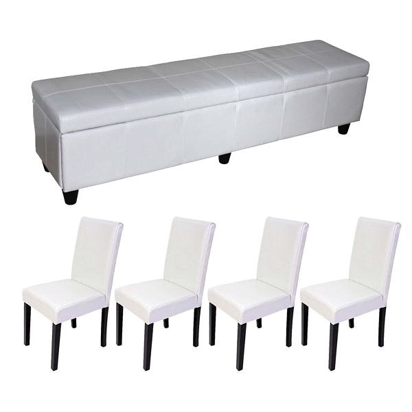Mendler Garnitur Sitzgruppe Bank mit Aufbewahrung Kriens XXL+4 Stühle Littau, Leder, weiß, 2x17416+17424