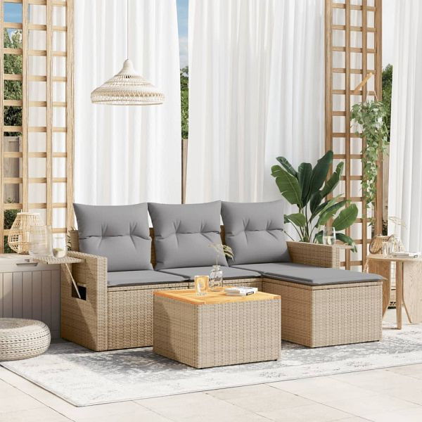 vidaXL 5-teilig Garten-Sofagarnitur mit Kissen Beige Poly Rattan, 3224533