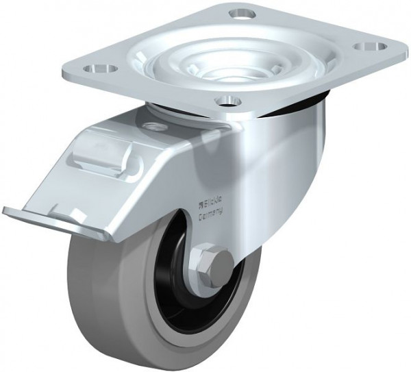 Blickle L-POEV 80XR-FI-SG Stahlblech-Lenkrolle, mittelschwere Ausführung, mit Anschraubplatte & Feststeller, Elastik-Vollgummi, Grau, 850452