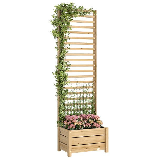 Outsunny Hochbeet mit Rankgitter Holz erhöhter Blumenkasten mit Spalier Abflussloch Vliesstoff 60 x 39 x 200 cm Naturholz, 84H-510V01ND