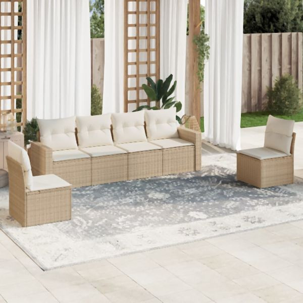 vidaXL 6-tlg. Garten-Sofagarnitur mit Kissen Beige Poly Rattan, 3251145
