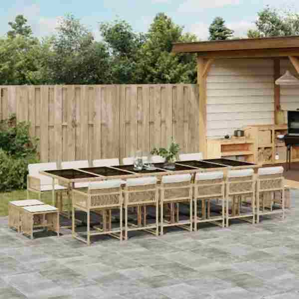 vidaXL 17-tlg. Garten-Essgruppe mit Kissen Beige Poly Rattan, UV-beständig, 3211546