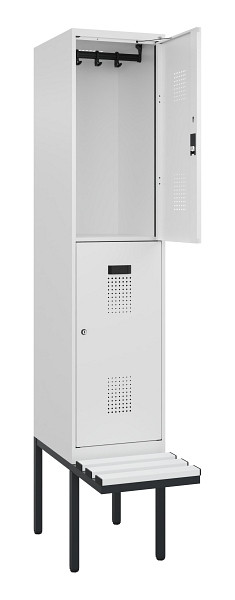 C+P Doppelstock-Spind Evolo PLUS, Bank, 2 Fächer, 2120x400x815mm, 9016/9016, Zylinderschloss, Sitzfläche Kunststoff, 0493407-12 S10134