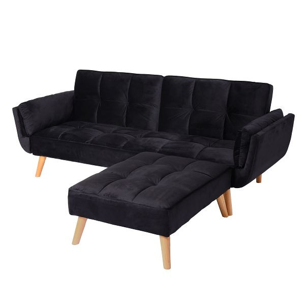 Mendler Schlafsofa HWC-K18 mit Ottomane, Couch Sofa Gästebett, Schlaffunktion 218x175cm, Samt schwarz, 89547+89548+89549