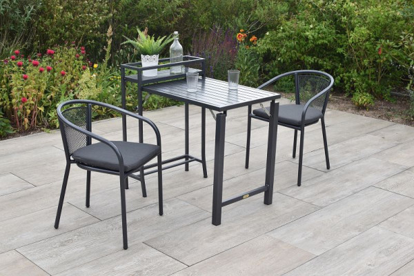 Merxx Delos Set 5-teilig, 2 Bistrosessel, stapelbar, Aluminium, 2 Auflagen, uni grau, 1 Balkonklappentisch, Tischplatte aus Aluminium, Aluminium, 50189-800