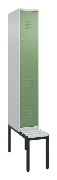 C+P Doppelstöckiger Spind Classic PLUS, 2120x300x815mm, 7035/6011, Zylinderschlösser, mit untergebauter Sitzbank, 0803507-10 S10021