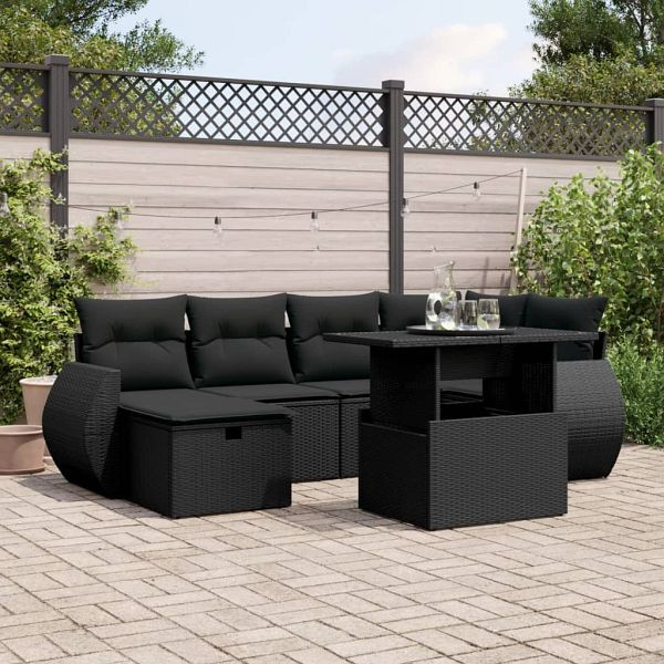 vidaXL 7-teilig Garten-Sofagarnitur mit Kissen Schwarz Poly Rattan, 3275135