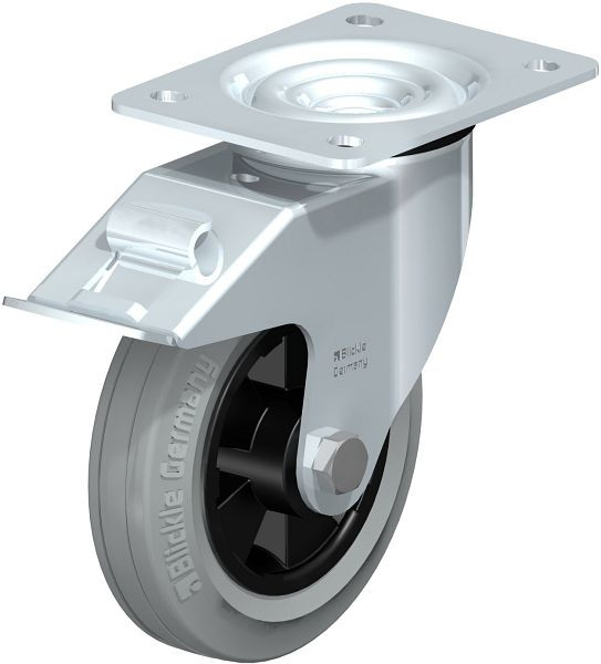 Blickle LE-VPP 150R-FI-SG Stahlblech-Lenkrolle mit Anschraubplatte & Feststeller, Vollgummi, Grau, 610436