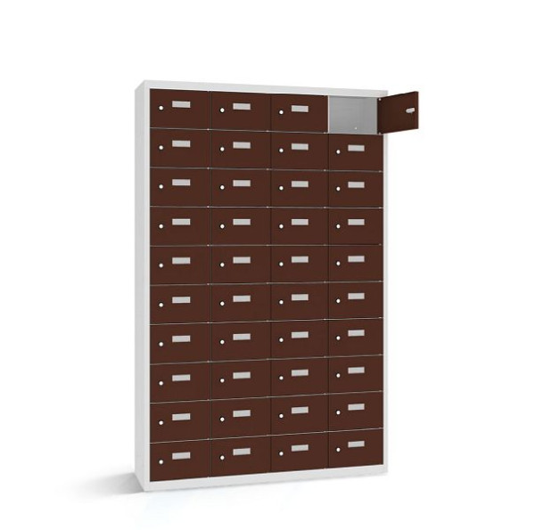 Rotstahl Wertfachschrank, 40 Fächer, Tür einwandig, kurzer Sockel, Korpus: lichtgrau, Türen: mahagoni, 2161-041003-1151112-7035-8016