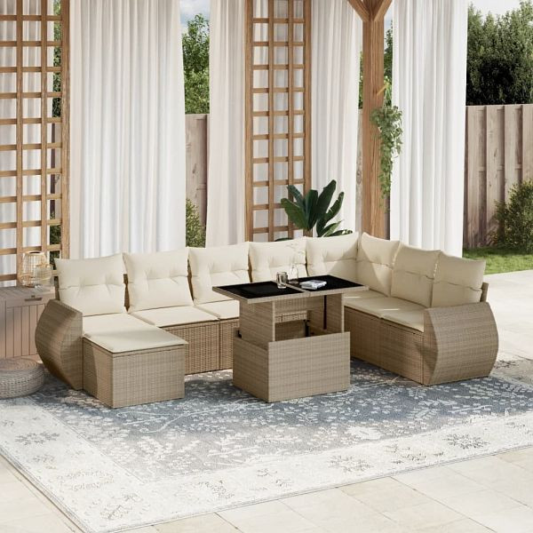 vidaXL 9-tlg. Garten-Sofagarnitur mit Kissen Beige Poly Rattan, 3268728