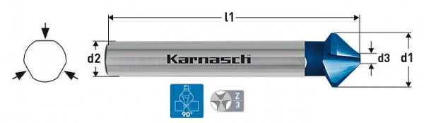 Karnasch Kegelsenker 90°, HSS-XE+Blue-Tec, RAPID-CUT 3-Flächen-Schaft, DIN 335 d=20,5mm, VE: 2 Stück, 201765080