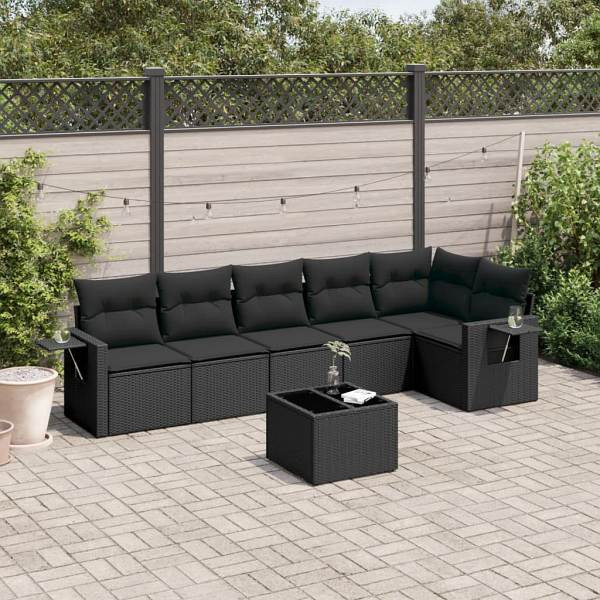 vidaXL 7-tlg. Garten-Sofagarnitur mit Kissen Schwarz Poly Rattan, UV-beständig, 3220194
