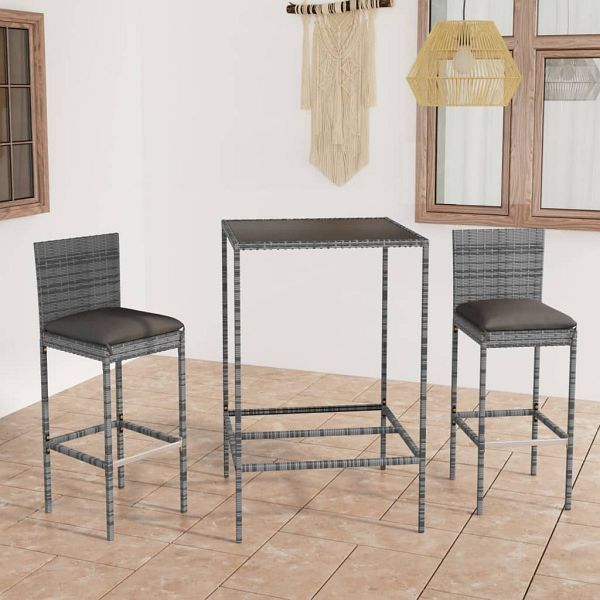 vidaXL 3-tlg. Gartenbar-Set mit Kissen Poly Rattan Grau, 3064829