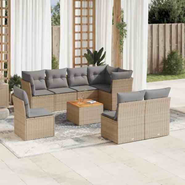 vidaXL 9-tlg. Garten-Sofagarnitur mit Kissen Beige Poly Rattan, UV-beständig, 3223742