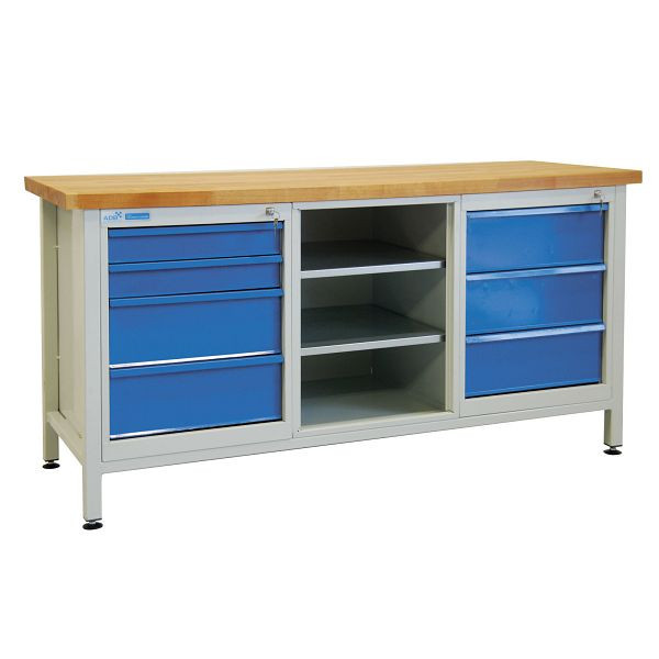 ADB Werkbank 7 Schubladen + Regalteil, Maße LxBxH: 1700x600x840 mm, Farbe Werktisch: Lichtgrau, RAL 7035, Farbe Tür/Schubladen: Lichtblau, RAL 5012, 42737