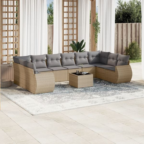 vidaXL 11-teilig Garten-Sofagarnitur mit Kissen Beige Poly Rattan, 3221878