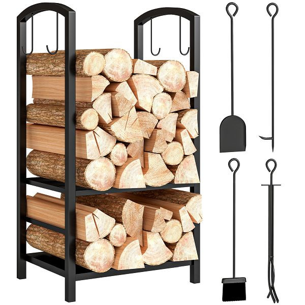 Outsunny Kaminholzständer, Brennholzregal, 2 Etagen, Kaminbesteck, bis 100 kg, Stahl, Schwarz, 40 x 30 x, 820-143