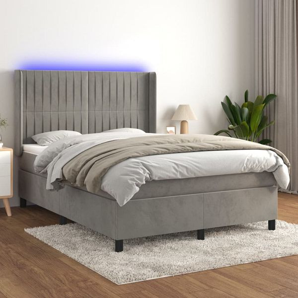 vidaXL Boxspringbett mit Matratze & LED Hellgrau 140x200 cm Samt, 3139685