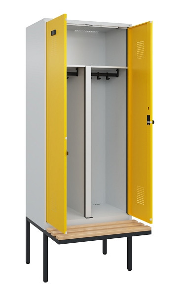 C+P PSA Doppel-Spind Evolo PLUS, Bank, 2 Abteile, 2120x800x815mm, 7035/1023, Drehriegel, Sitzfläche Holz, 0490427-22P S10001