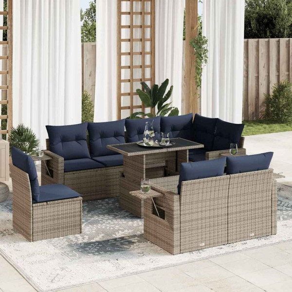 vidaXL 9-teilige Garten-Sofagarnitur mit Kissen Grau Poly Rattan, 3326502