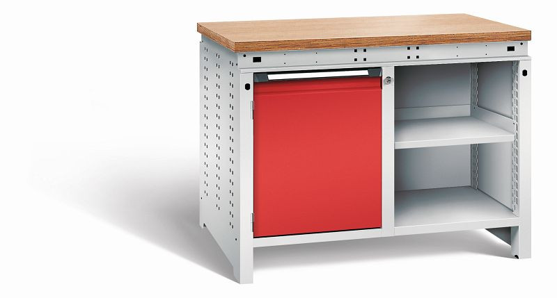 Otto Kind Werkbank Serie function Typ 210, Multiplexplatte 40 mm, bündig, 2x Unterbau, Gehäuse RAL 7035, Front RAL 3000, 072340134
