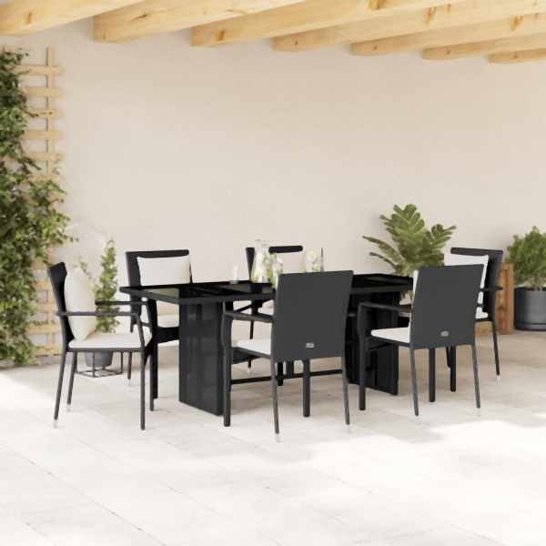 vidaXL 7-tlg. Garten-Essgruppe mit Kissen Schwarz Poly Rattan, UV-beständig, 3213490