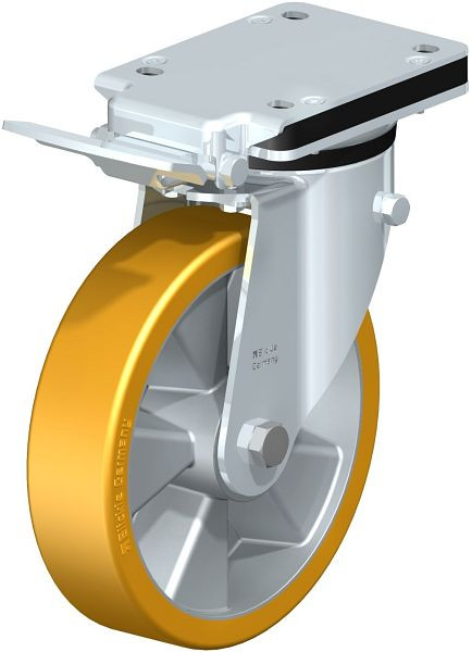 Blickle LK-ALTH 200K-IS Stahlblech-Lenkrolle, schwere Ausführung, mit Anschraubplatte & Feststeller, Blickle Extrathane®, Hellbraun, 611764