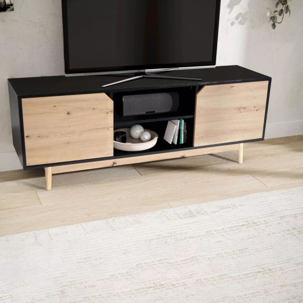 Wohnling Lowboard Schwarz Eiche-Dekor 150x55x40 cm TV-Kommode Modern, Fernsehtisch mit zwei Türen, WL6.818