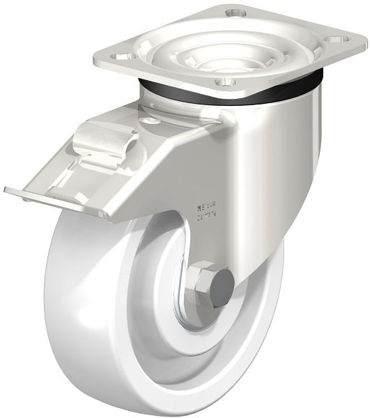 Blickle LKX-SPO 125XK-1-FI Edelstahl-Schwerlast-Lenkrolle mit Anschraubplatte & Feststeller, Polyamid, Weiß, 754914