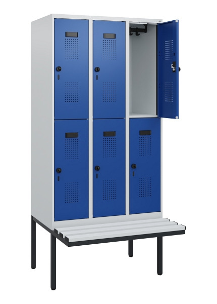 C+P Doppelstock-Spind Evolo PLUS, Bank, 6 Fächer, 1950x900x815mm, 7035/5010, Drehriegel, Sitzfläche Kunststoff, 0493405-30 S10093