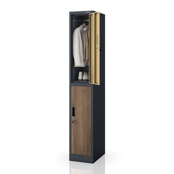 Jan Nowak BHP-Garderobenschrank für Mitarbeiter, einzeln, 2 Fächer mit Kleiderstange, anthrazit/Nussbaum, 316,5x1850x450 mm, IGOR 1 Plus Eco Design, 2466