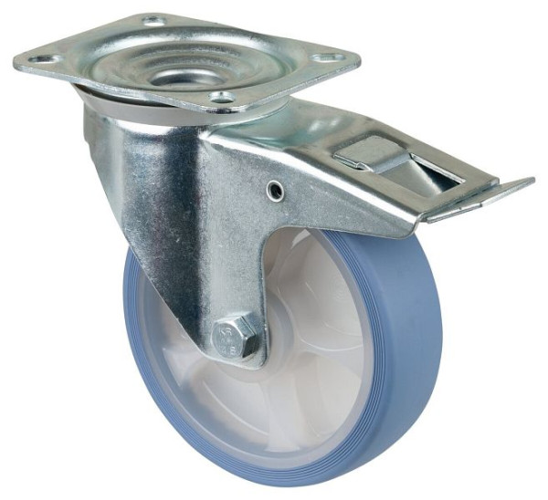 BS Rollen Transportrolle Lenkrolle mit Festeller, thermoplastisches Gummirad, Reifen lichtblau, Rollenlager, Platte, 160 mm, VE: 2 Stück, L420.B44.161.05