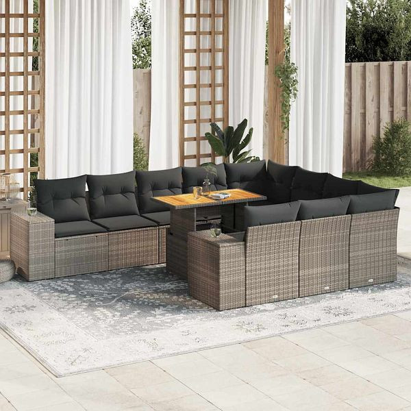 vidaXL 10-tlg. Garten-Sofagarnitur mit Kissen Grau Poly Rattan Akazie, 3327427