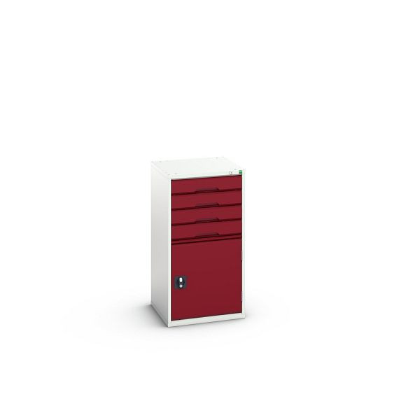 bott verso Schubladenschrank mit Flügeltür, mit 4 Schubladen und Fachboden, BxTxH: 525 x 550 x 1000 mm, Lichtgrau / Purpurrot, 16925065.24