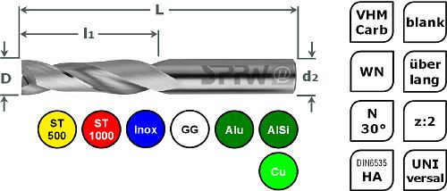SPPW Universalfräser VHM z:2 WN N30° L: 80x40 Ø5, 6626400500