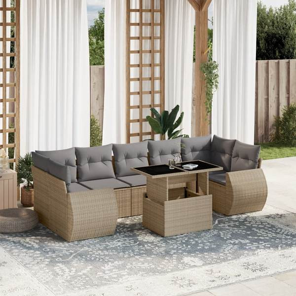 vidaXL 8-tlg. Garten-Sofagarnitur mit Kissen Beige Poly Rattan, UV-beständig, 3268409