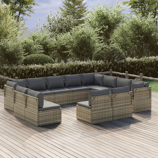 vidaXL 12-teilig Garten-Lounge-Set mit Kissen Grau Poly Rattan, 3157458
