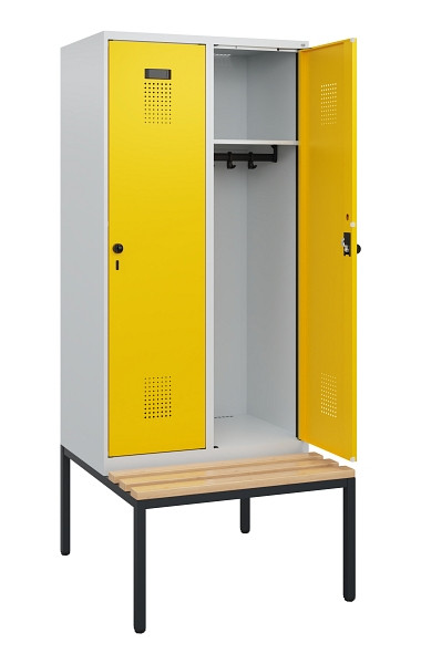 C+P Spind Evolo PLUS, 2 Abteile, 1950x800x815mm, 7035/1023, Drehriegel, Sitzfläche Buche-Hartholz, Sitzbank, 0490505-22 S10001