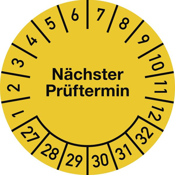 Moedel Prüfplakette Nächster Prüftermin 2027-2032, Folie, gelb, Ø 20 mm, VE: 500 Stück/Rolle, 108223
