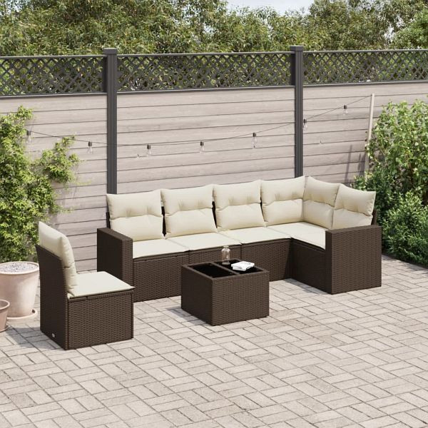 vidaXL 7-tlg. Garten-Sofagarnitur mit Kissen Braun Poly Rattan, 3219033