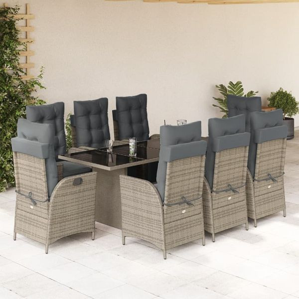 vidaXL 9-teilig Garten-Essgruppe mit Kissen Grau Poly Rattan, 3213357