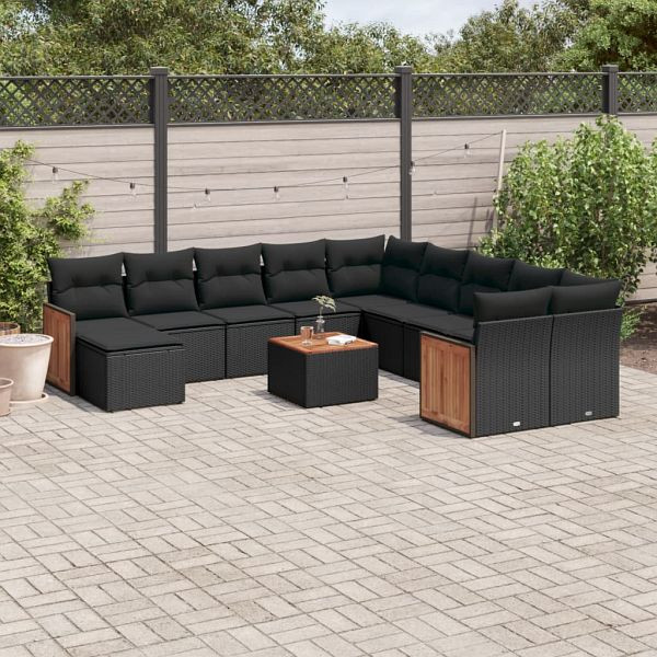 vidaXL 12-tlg. Garten-Sofagarnitur mit Kissen Schwarz Poly Rattan, 3228253