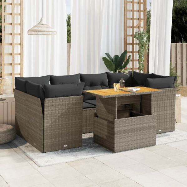 vidaXL 7-tlg. Garten-Sofagarnitur mit Kissen Grau Poly Rattan, 3326895
