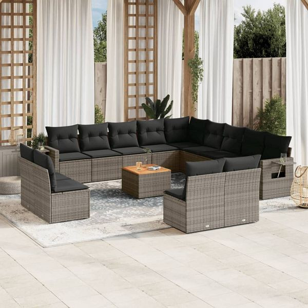 vidaXL 14-teilig Garten-Sofagarnitur mit Kissen Grau Poly Rattan, 3224821