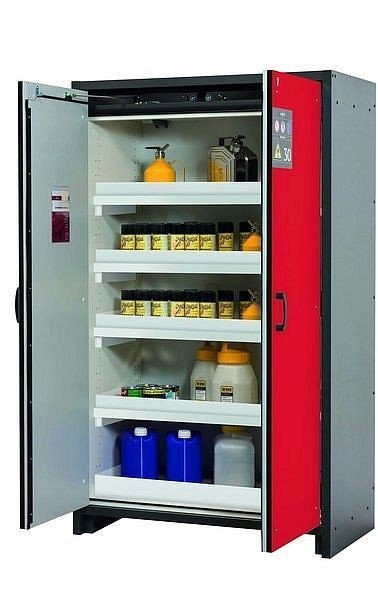 asecos Sicherheitsschrank Q-CLASSIC-30, Q30.195.116 in verkehrsrot RAL 3020 mit 4x Wannenboden Standard (Polypropylen), 31003-066-30014